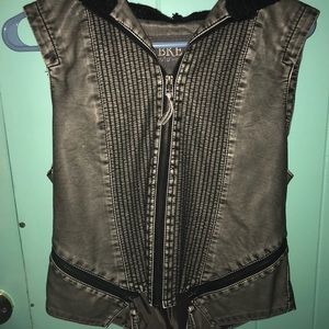 Medium charcoal leather vest w/ knit hoody